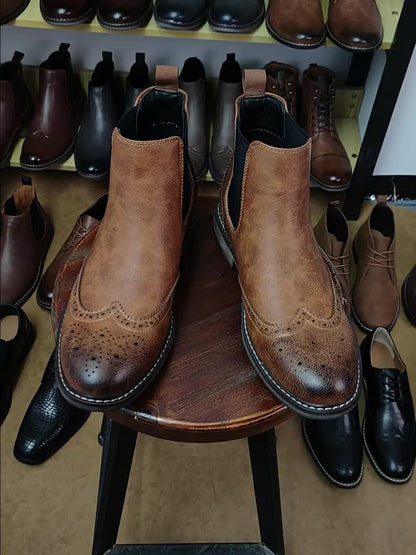 Bottes Chelsea Homme Marron Brogue Détails Perforés Élastiques Latéraux Semelle Bleue