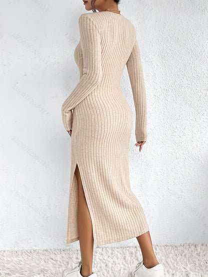 Robe longue côtelée femme manches longues col rond fente latérale beige