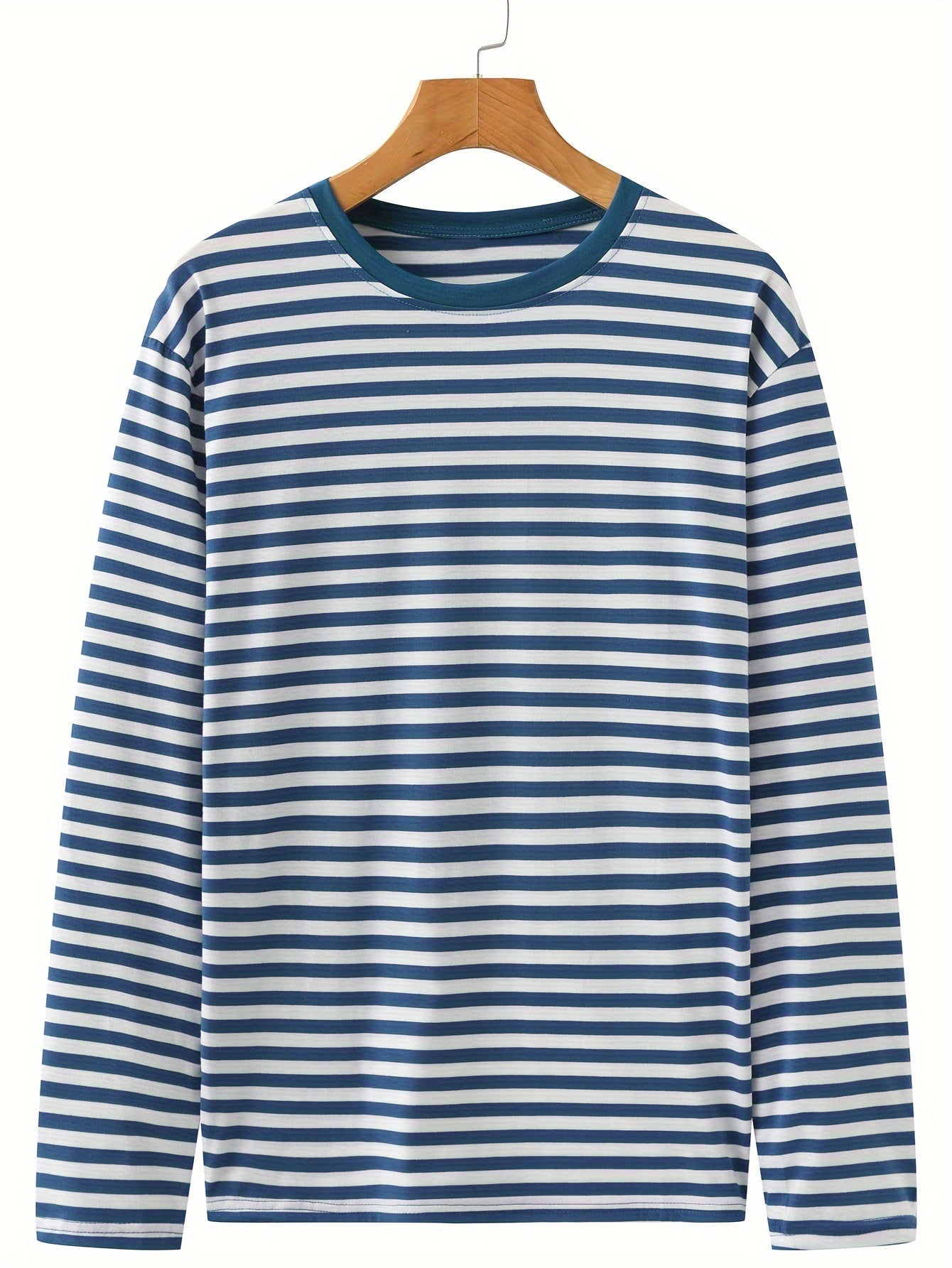 T-shirt à manches longues rayé col rond bleu et blanc pour homme