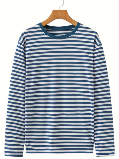 T-shirt à manches longues rayé col rond bleu et blanc pour homme