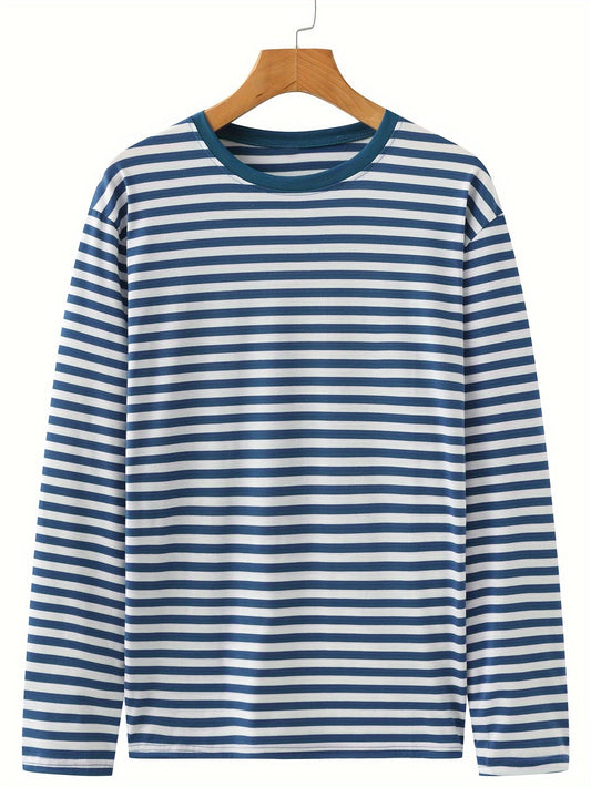 T-shirt à manches longues rayé col rond bleu et blanc pour homme