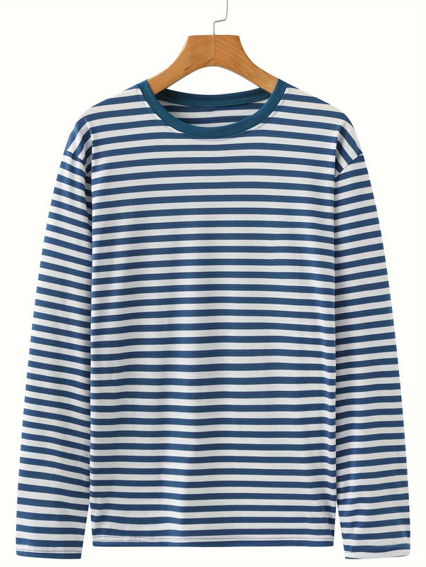 Blau-weiß gestreiftes Herren-Langarmshirt mit Rundhalsausschnitt