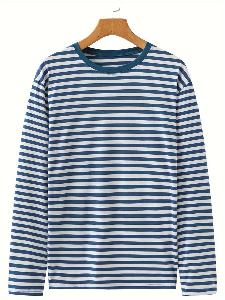 Blå og hvidstribet langærmet T-shirt med rund hals til mænd