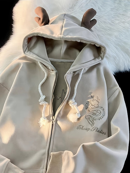 Sweat à Capuche Zippé Unisexe Crème avec Cornes et Motif Dragon Brodé