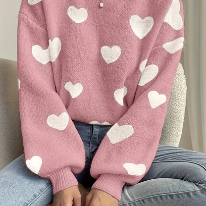 Pull col rond ample en maille blanc avec cœurs beiges
