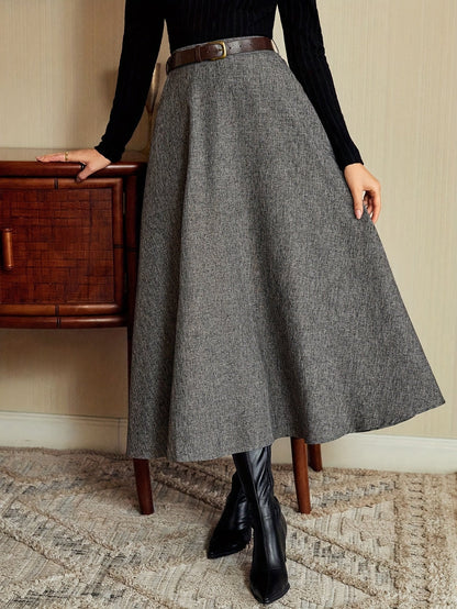 Jupe longue évasée taille haute unie gris chiné pour femme