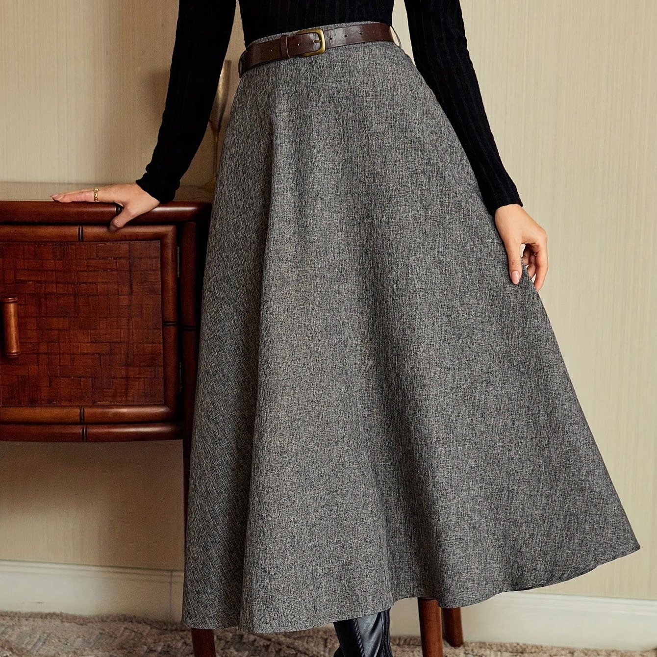 Jupe longue évasée taille haute unie gris chiné pour femme