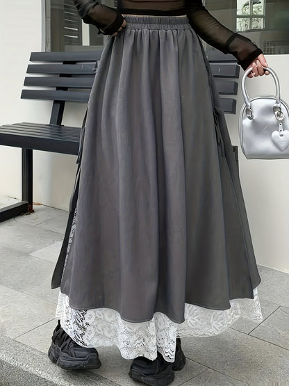 Jupe longue asymétrique femme gris foncé avec dentelle et liens à nouer