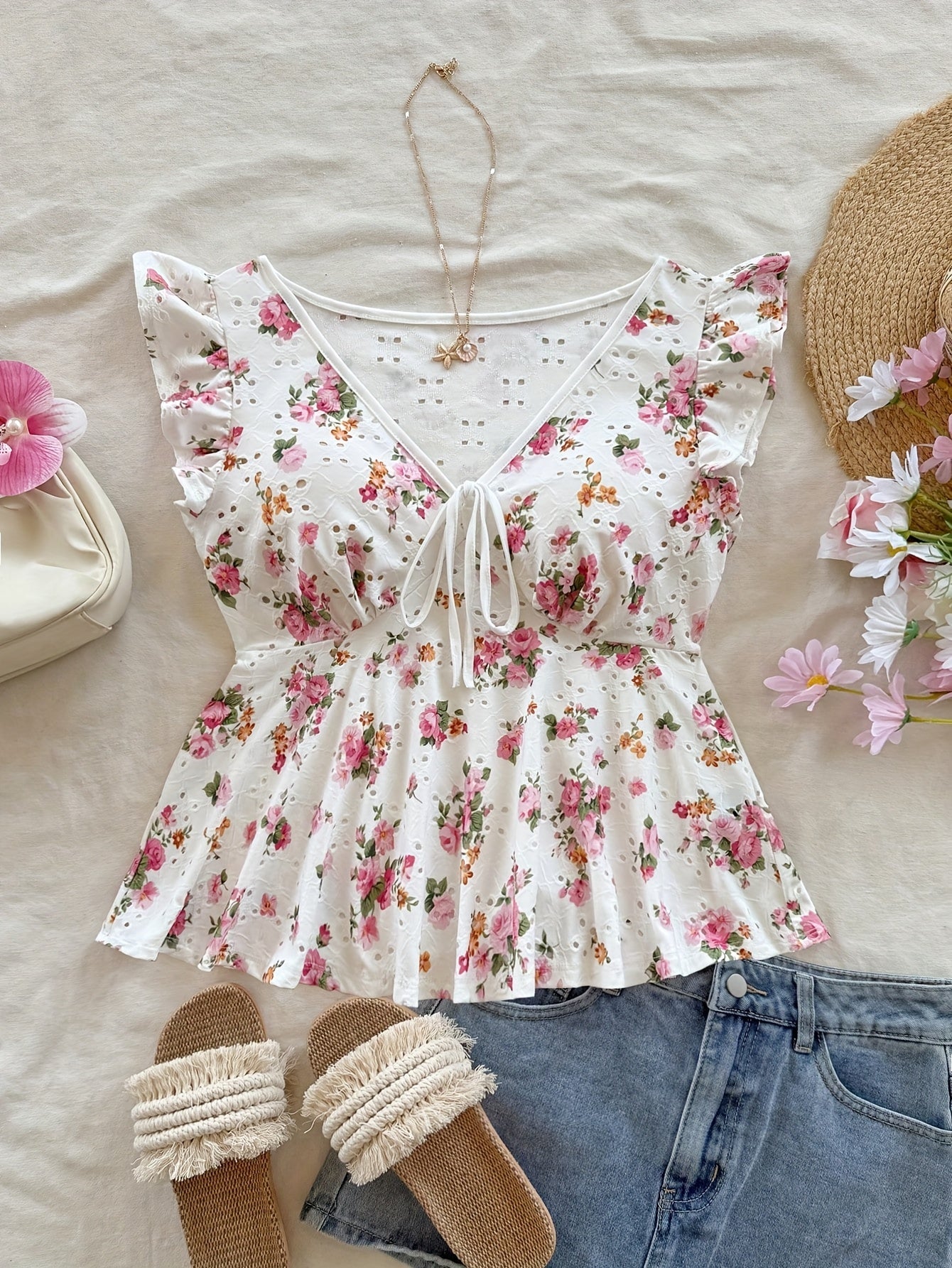 Women's Cottage Style Peplum Blouse with Floral Print and English Embroidery – Romantic, Ruffled Sleeves, Tied Neckline