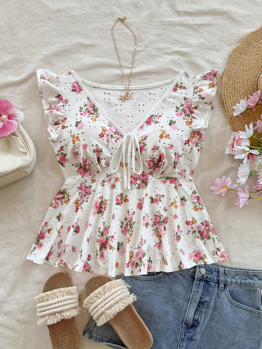 Blouse Femme Style Cottage Peplum à Imprimé Fleuri et Broderie Anglaise – Romantique, Manches Volants, Décolleté Noué