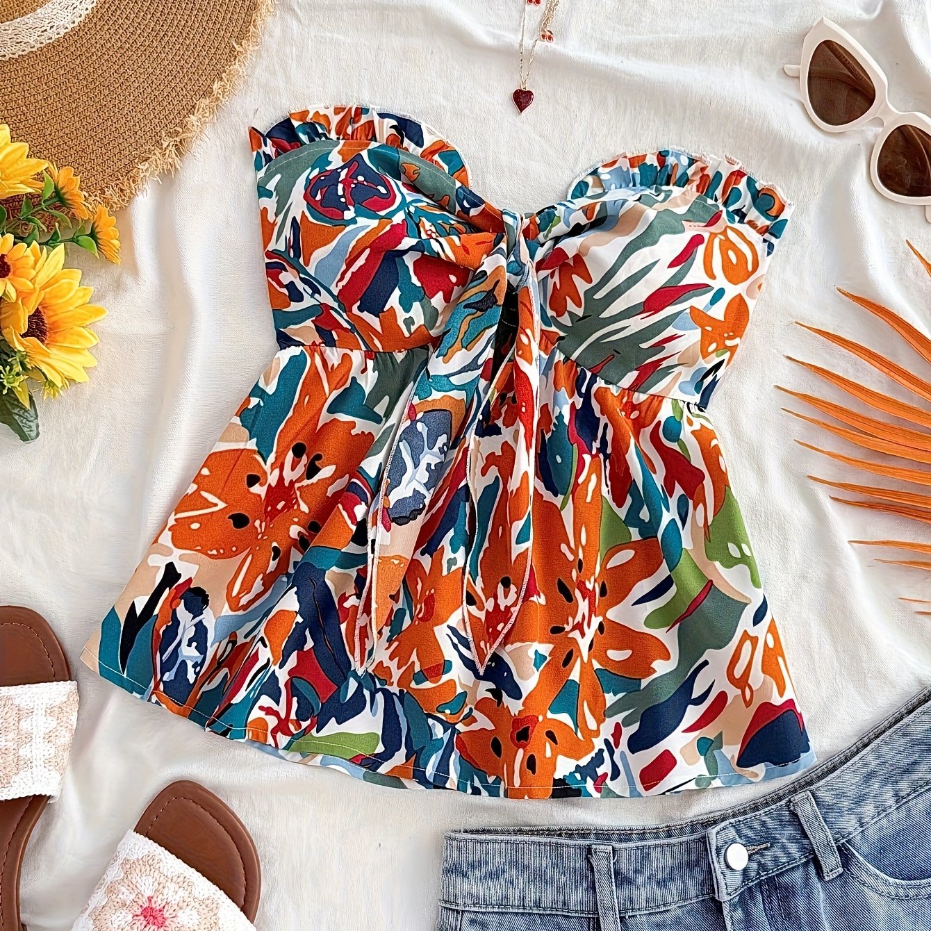 Top senza spalline annodato da donna stile vacanze con motivo floreale astratto – ideale per estate e spiaggia
