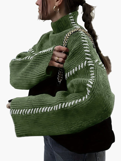 Sweter damski w stylu casual z golfem, szerokimi rękawami i modnymi detalami szwalniczymi na jesień i zimę
