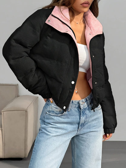 Doudoune courte femme côtelée réversible beige et rose clair avec col montant