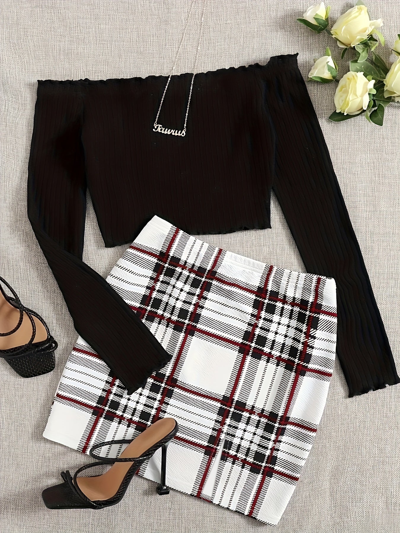 Conjunto de dos piezas para mujer estilo elegante falda a cuadros y top con hombros descubiertos para salidas primaverales y estivales