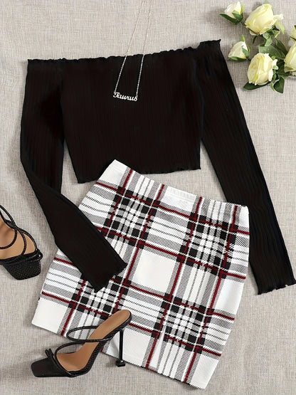 Conjunto de dos piezas para mujer estilo elegante falda a cuadros y top con hombros descubiertos para salidas primaverales y estivales
