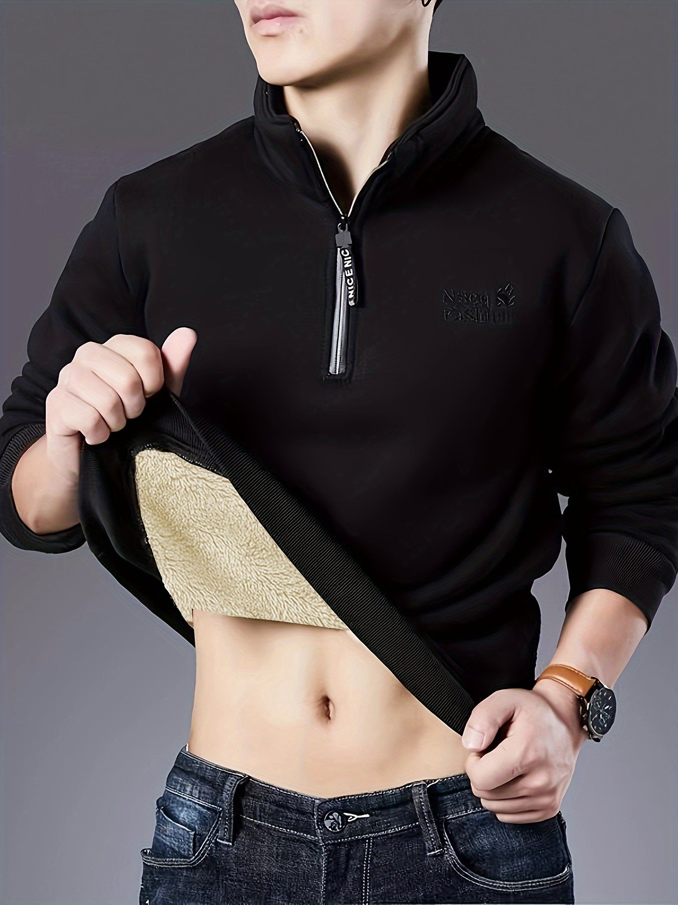 Pull Homme Gris Foncé Col Montant Zippé Doublé Chaud