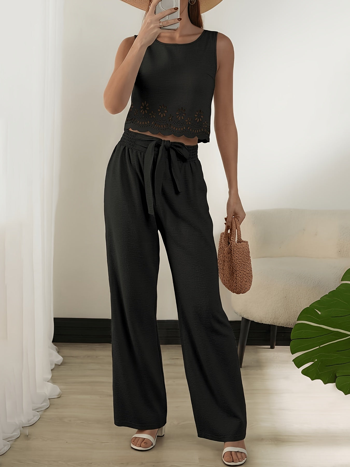 Ensemble deux pièces femme style élégant crop top découpé et pantalon taille haute ample pour printemps/été