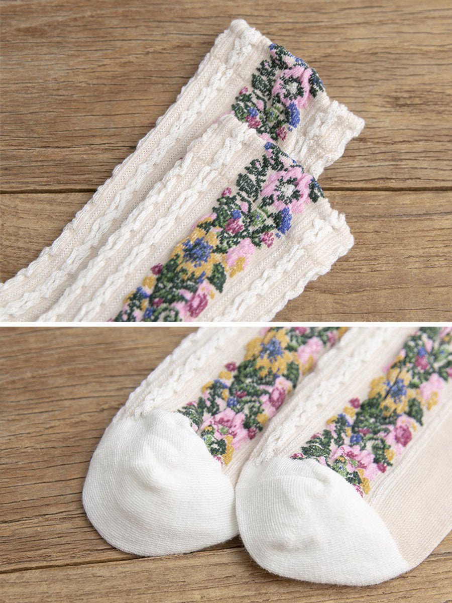 Chaussettes Femme Style Vintage à Motifs Floraux Brodés, Élégantes et Confortables pour le Quotidien