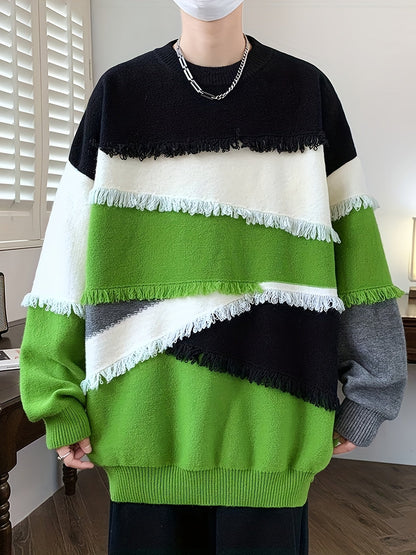 Pull Homme Col Rond Color Block à Franges Tricoté Décontracté