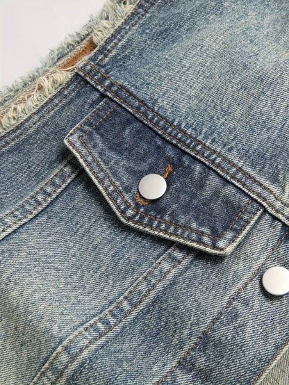 Veste sans manches en denim délavé bleu pour homme avec boutons et poches