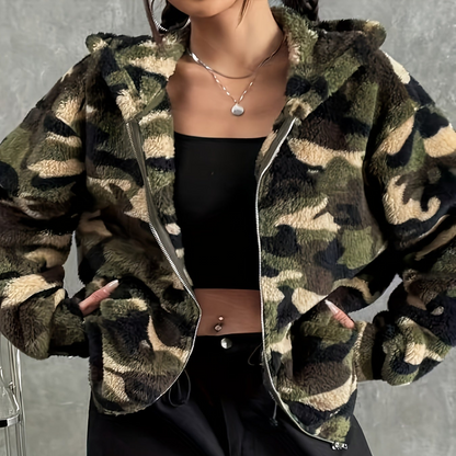Veste à capuche zippée camouflage femme motif doux