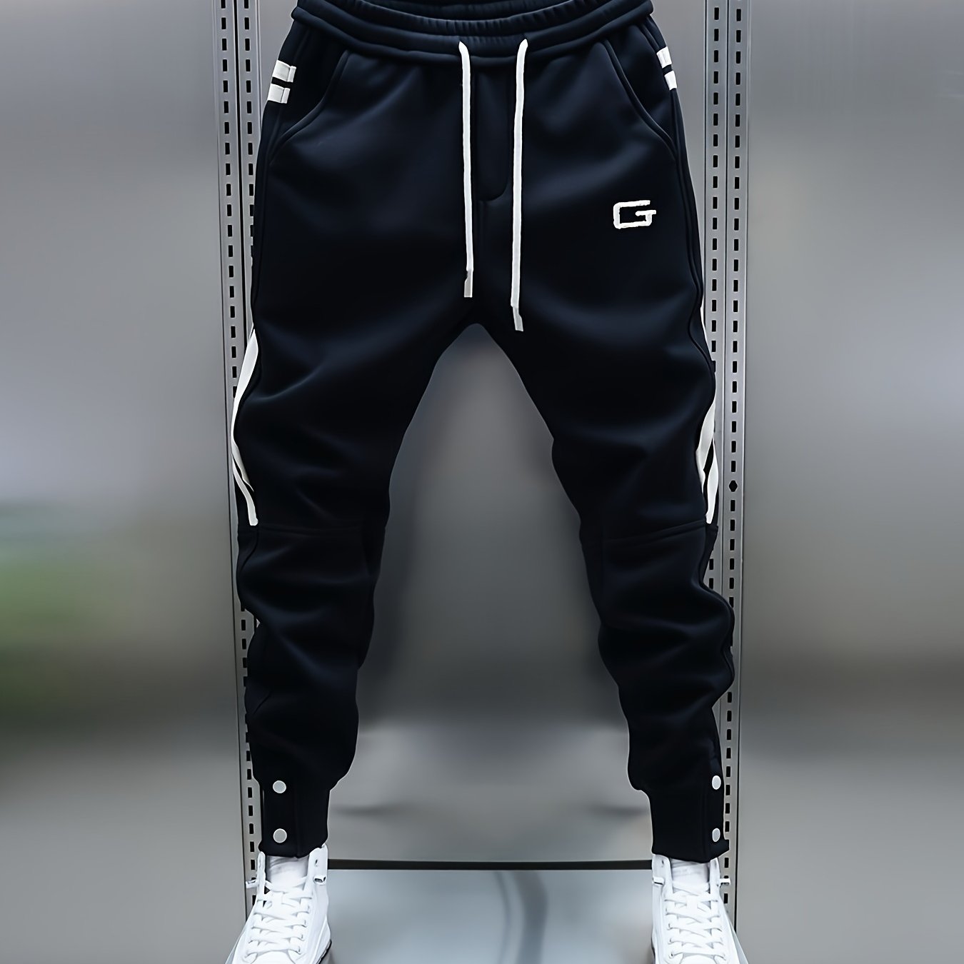 Pantalon de jogging homme avec cordon de serrage, rayures latérales et boutons pression, coupe fuselée