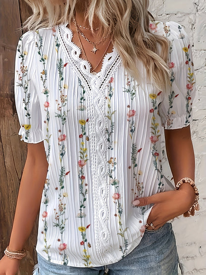 Elegant Women's Blouse with Short Sleeves, Ruffled Collar, Floral Print, Casual Chic Style