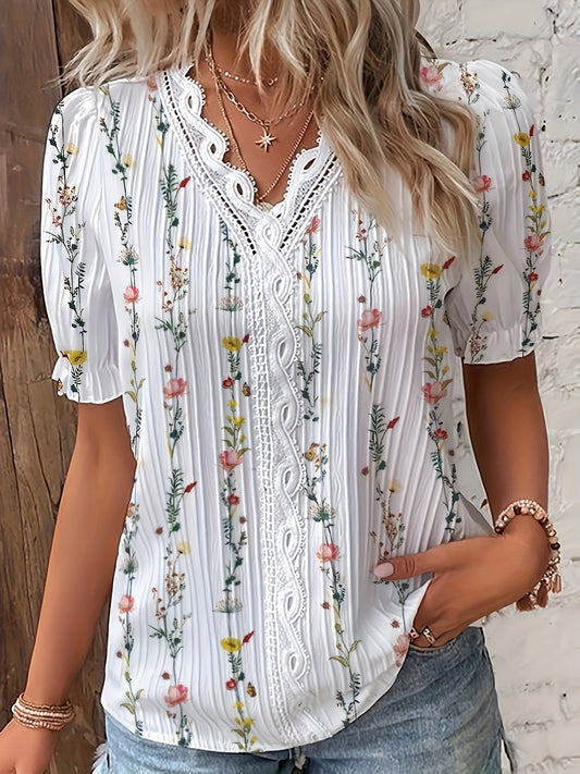 Elegant blus för kvinnor med korta ärmar, volangkrage, blommigt mönster, avslappnad chic stil