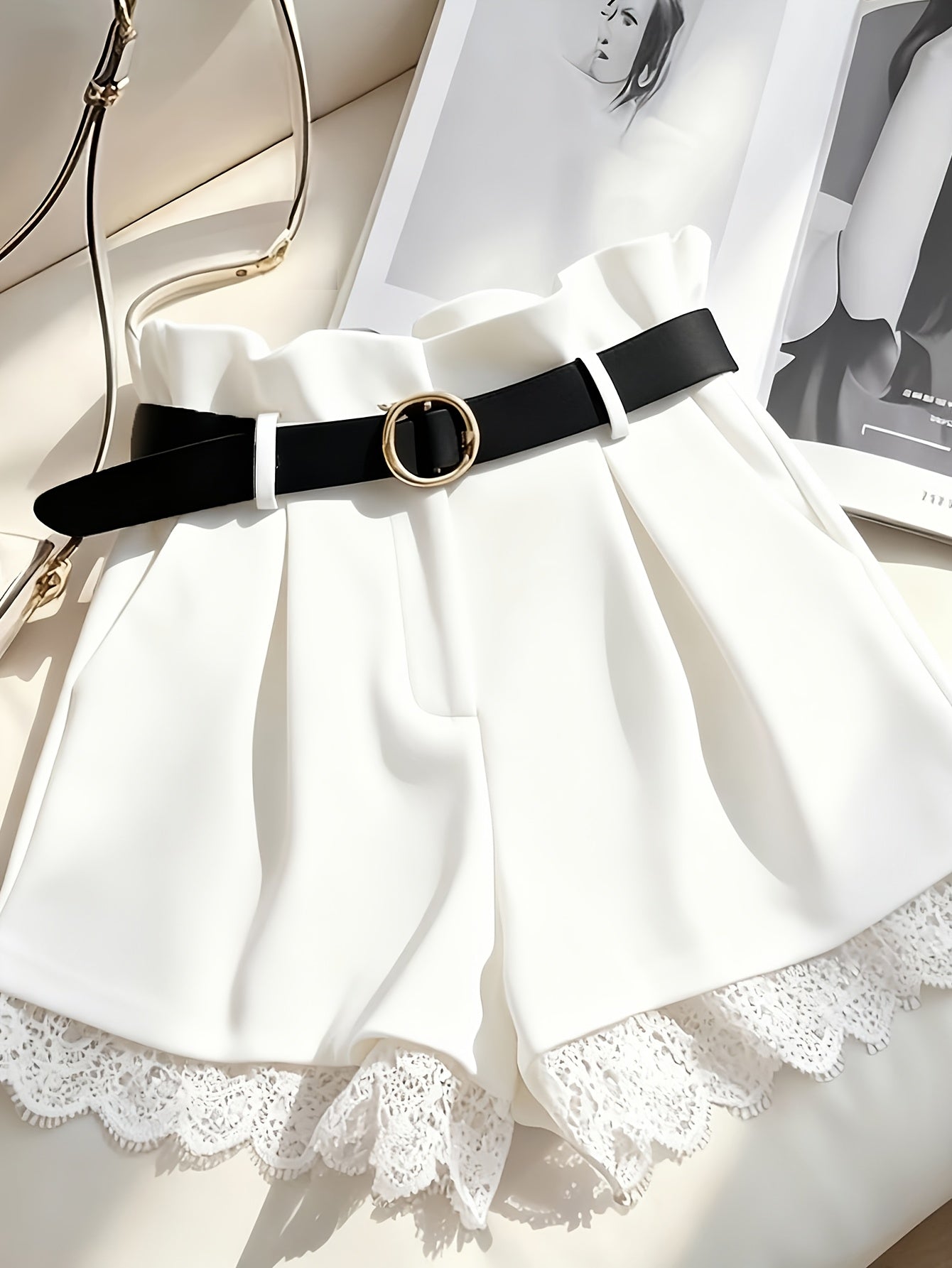 Short taille haute femme style paperbag avec ceinture et finition dentelle élégante