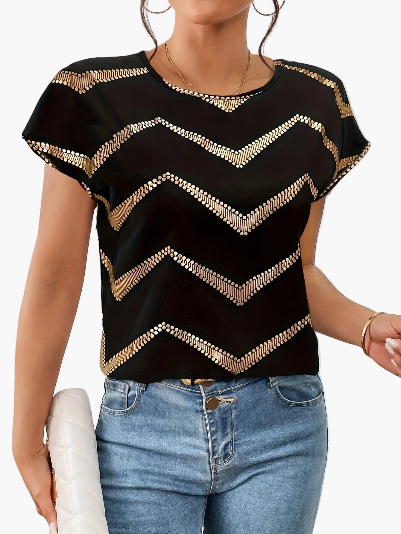 T-shirt damski w eleganckim stylu z geometrycznym wzorem na co dzień lub na wieczór