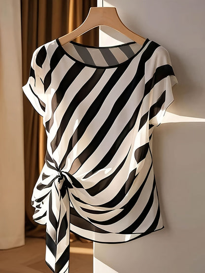 Elegant Women's Blouse with Bohemian Pattern for Spring/Summer, Asymmetric Style with Decorative Bow