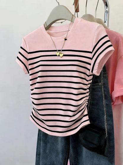 T-shirt pour femme style décontracté à rayures et fronces, manches courtes, col rond, tendance été