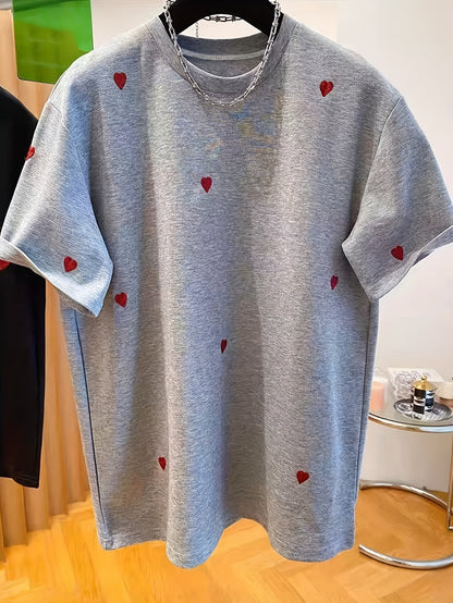 Lässiges Damen-T-Shirt mit gesticktem Herzmotiv, trendiger Stil für den Alltag  