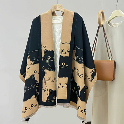 Châle Poncho Femme Réversible à Motifs Chats Mignon Imprimé - Couverture Douce Élégante