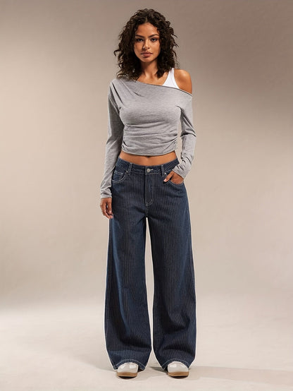 Jean large délavé bleu marine rayé taille haute pour femme