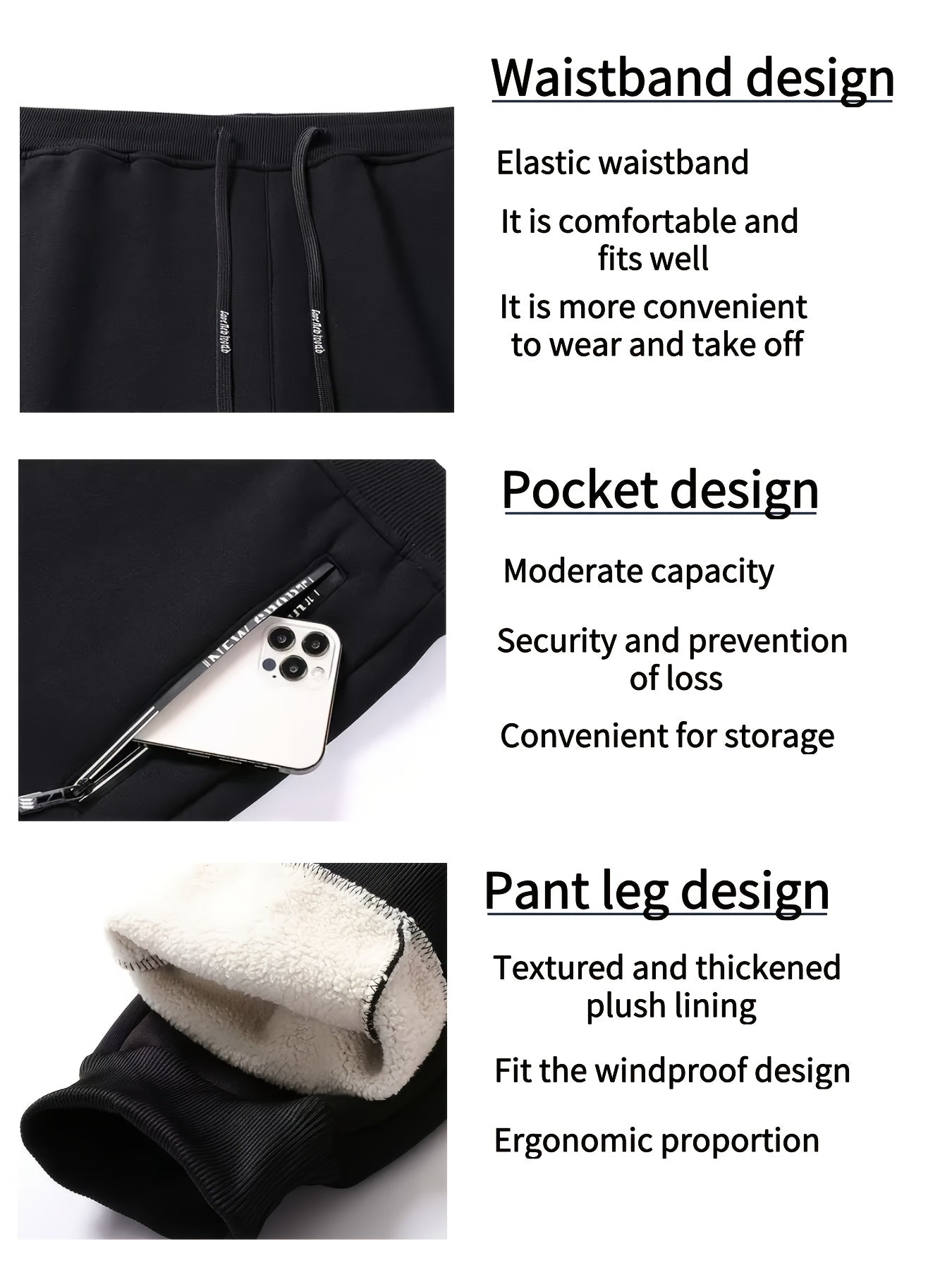 Lot de 3 Pantalons de Survêtement Polaire Homme, Élastique, Doublure Chaude, Poches Zippées, Bleu Marine, Noir et Gris Clair