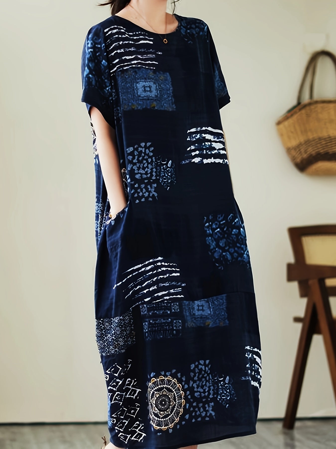 Abito casual a maniche corte da donna stile artistico bohémien ampio con stampa geometrica e botanica