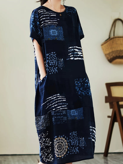 Abito casual a maniche corte da donna stile artistico bohémien ampio con stampa geometrica e botanica
