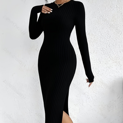 Robe longue côtelée femme manches longues col rond fente latérale beige