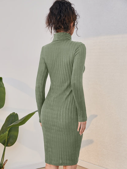 Robe pull côtelée mi-longue Femme col roulé manches longues