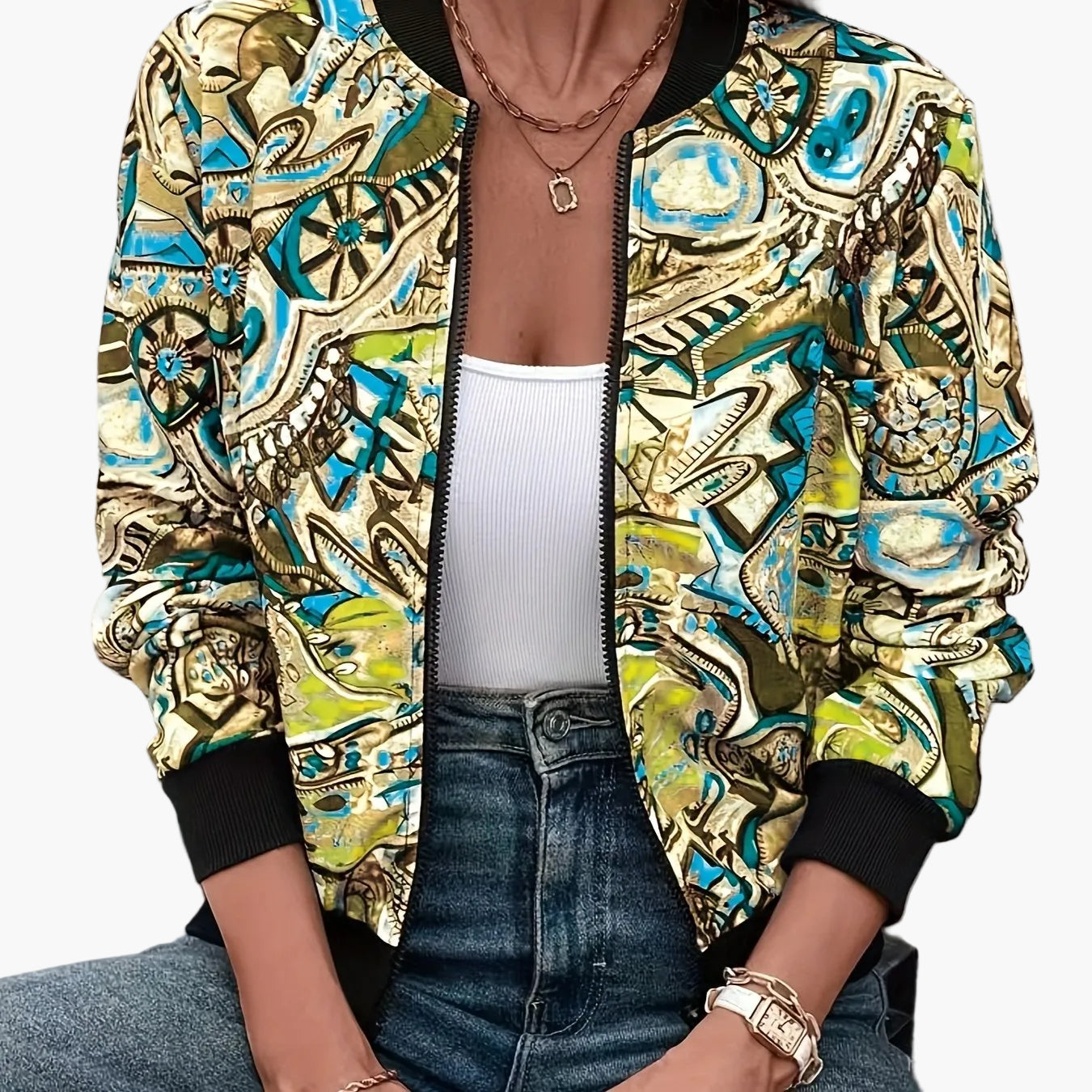 Lässige Damen-Bomberjacke mit grafischem Muster, Urlaubsstil