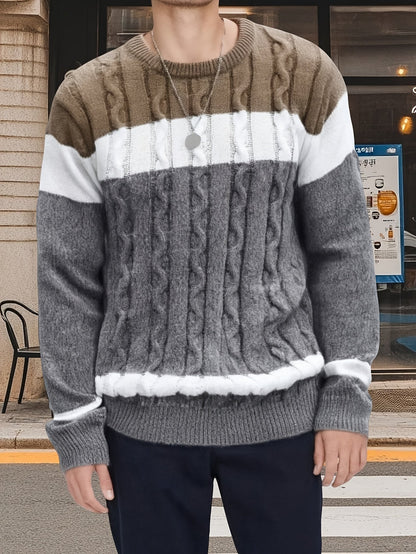 Pull homme col rond tricot torsadé à rayures contrastées