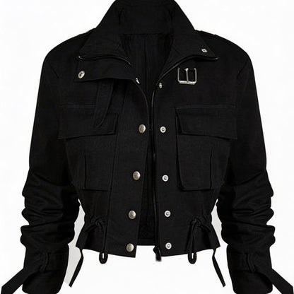 Veste Courte Cargo pour Femme à Boutons et Ceinture Boucle Couleur Unie