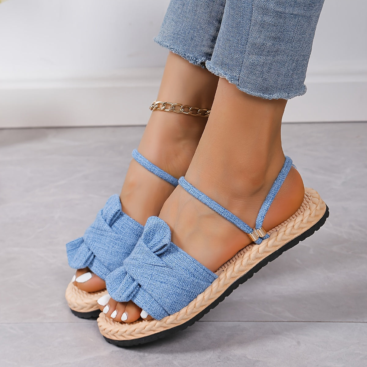 Sandales d'été pour femme à bride cheville et nœud décoratif – Style décontracté chic