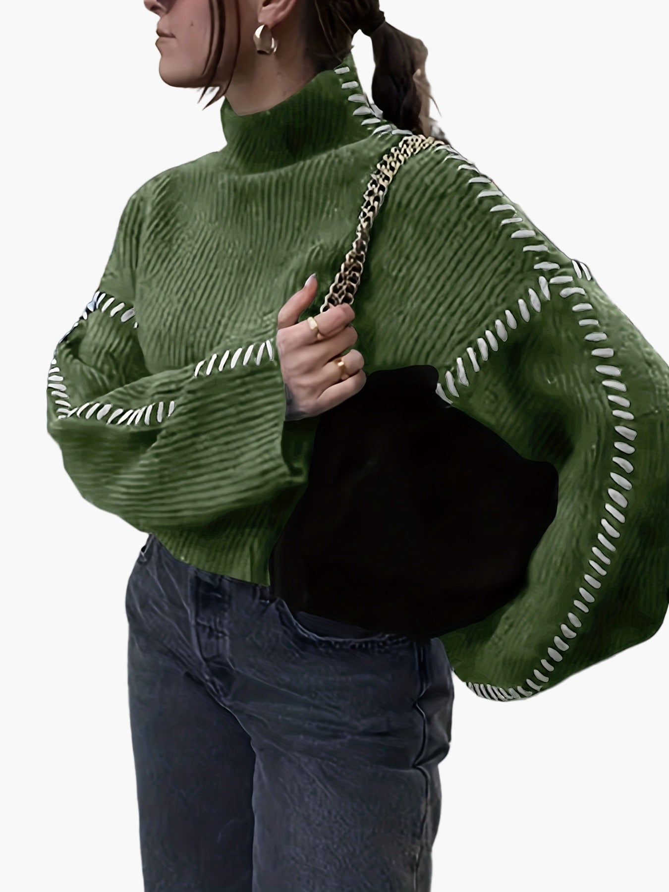 Sweter damski w stylu casual z golfem, szerokimi rękawami i modnymi detalami szwalniczymi na jesień i zimę