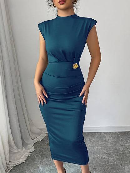 Elegante dames midilengte jurk in bodycon-stijl met hoge hals, voor avond of kantoor