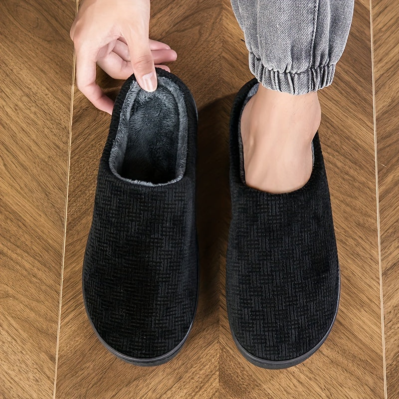 Pantoufles d'intérieur homme noires doublées, motif texturé discret, confortables et chaudes