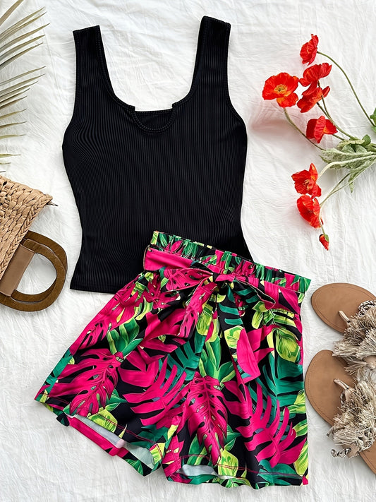 Ensemble coordonné pour femme, style tropical, top ajusté et short taille haute, idéal vacances et été
