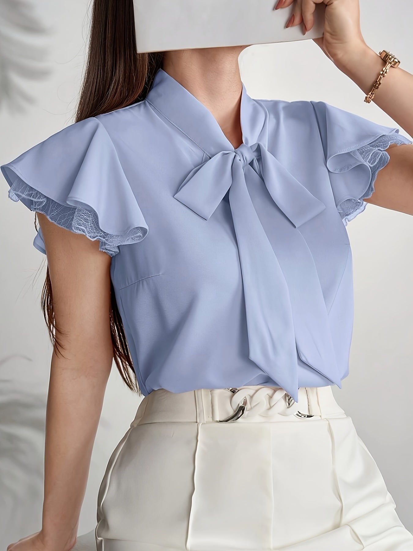 Elegant Women's Blouse with Butterfly Sleeves and Bow Tie – Chic Style for Office and Outings