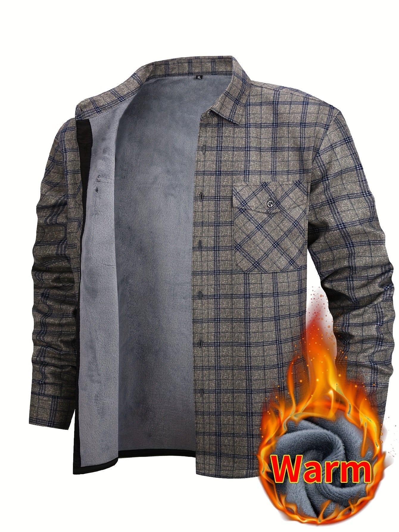 Men's Fleece-Lined Plaid Button-Up Shirt Jacket